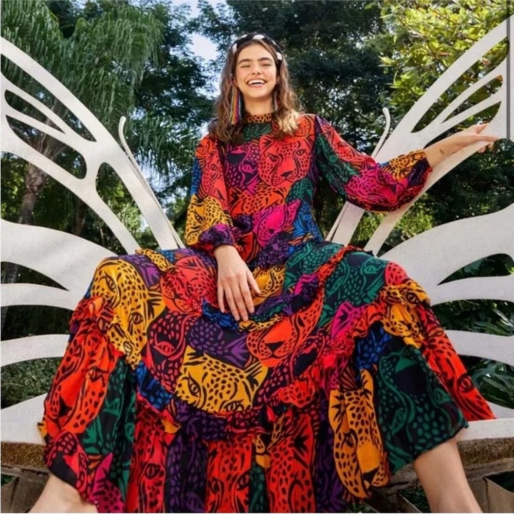 ๐ FARM Rio Rainbow Midnight Leopards Tiered Maxi dress - Picture 1 of 13